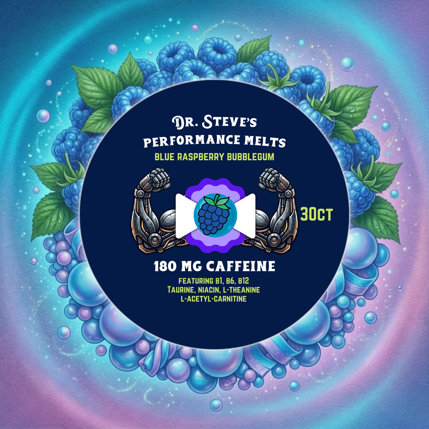 180mg Blue Raspberry Bubblegum Performance Melts (featuring 1.23mg B1, 1.76mg B6, 20mcg Methylcobalamin B12, Taurine, Niacin, L-Theanine & L-Acetyl-Carnitine)
