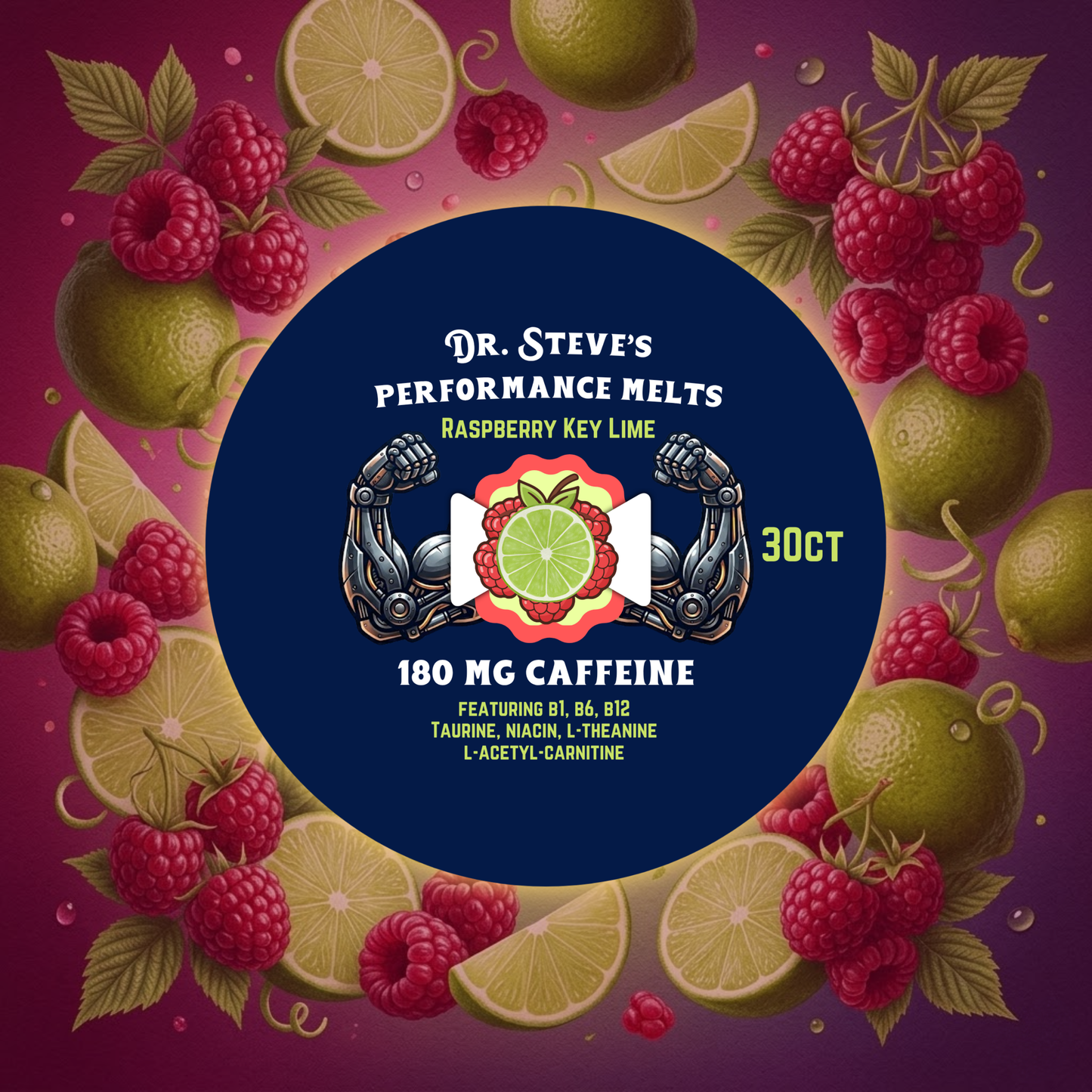 180mg Raspberry Key Lime Performance Melts (featuring 1.23mg B1, 1.76mg B6, 20mcg Methylcobalamin B12, Taurine, Niacin, L-Theanine & L-Acetyl-Carnitine)