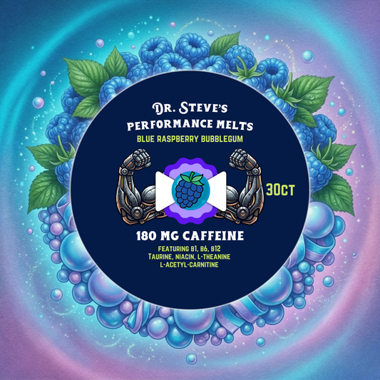 180mg Blue Raspberry Bubblegum Performance Melts (featuring 1.23mg B1, 1.76mg B6, 20mcg Methylcobalamin B12, Taurine, Niacin, L-Theanine & L-Acetyl-Carnitine)