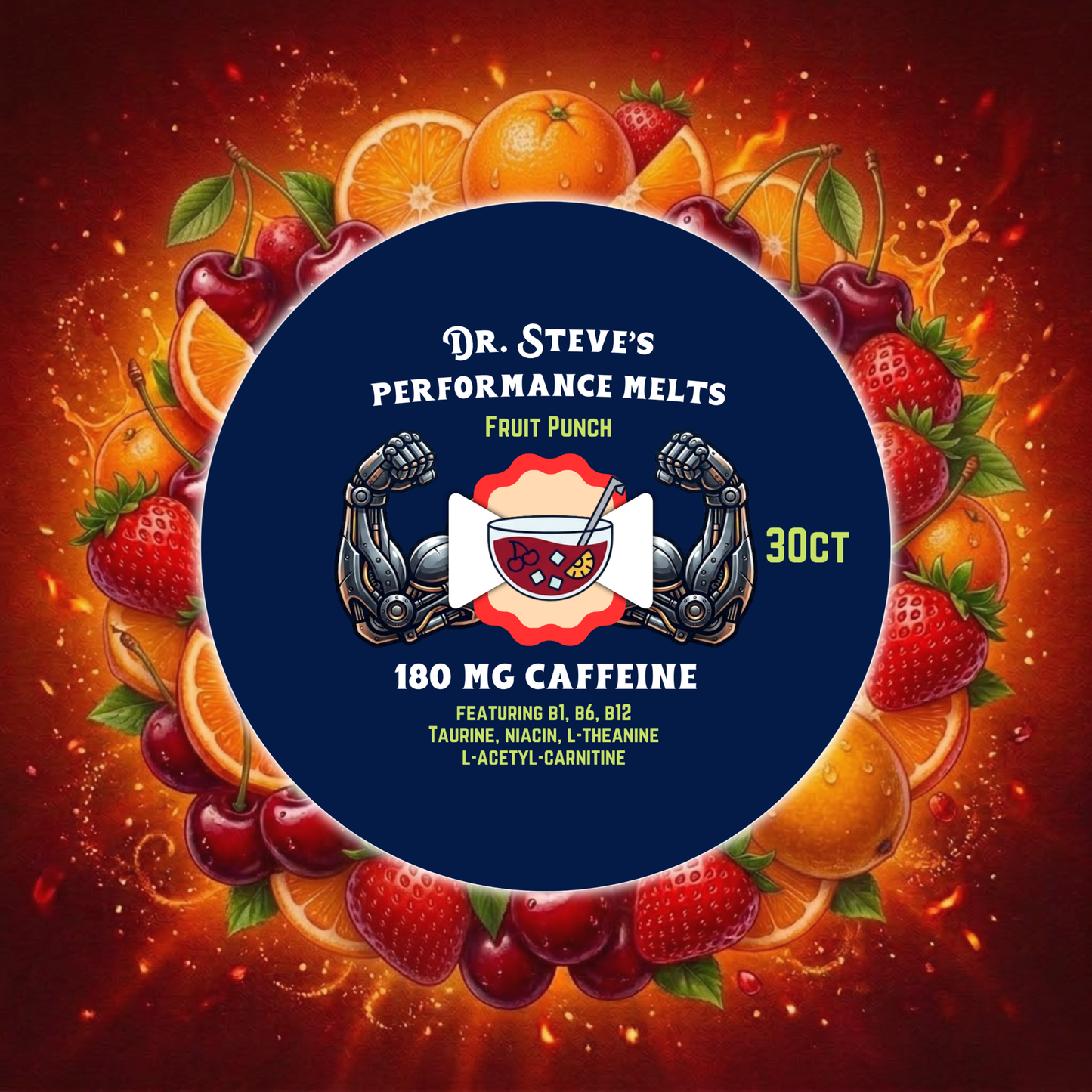 180mg Fruit Punch Performance Melts (featuring 1.23mg B1, 1.76mg B6, 20mcg Methylcobalamin B12, Taurine, Niacin, L-Theanine & L-Acetyl-Carnitine)