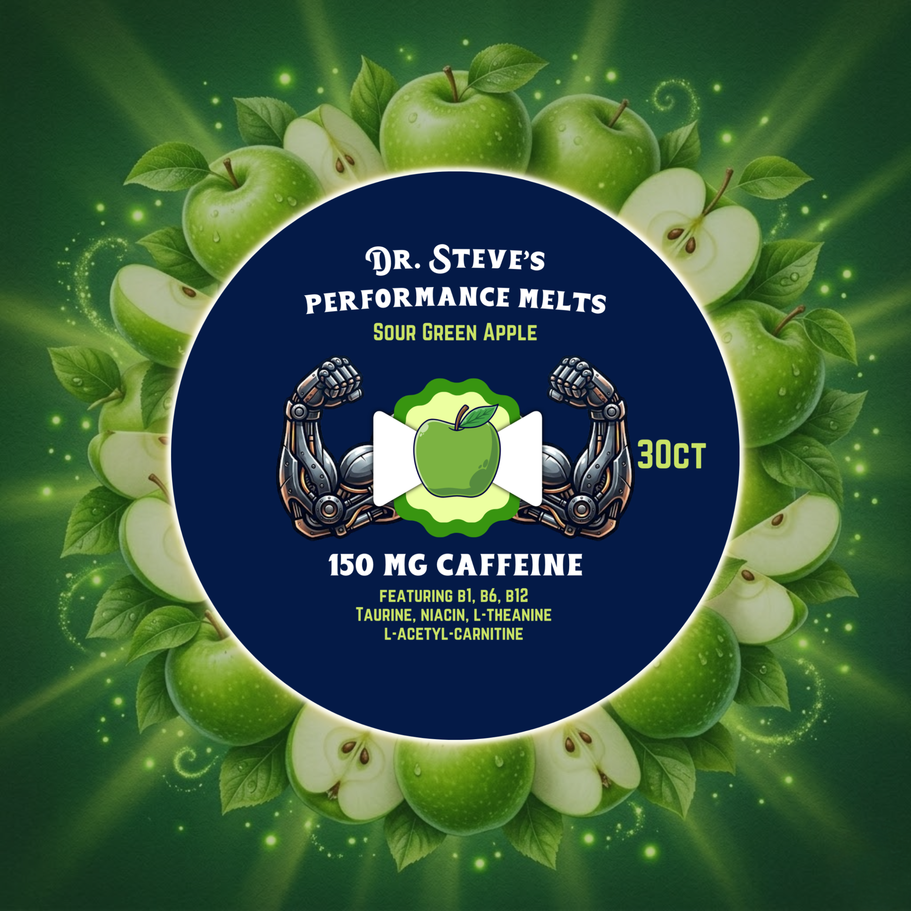 150mg Sour Green Apple Performance Melts (featuring 1.23mg B1, 1.76mg B6, 20mcg Methylcobalamin B12, Taurine, Niacin, L-Theanine & L-Acetyl-Carnitine)